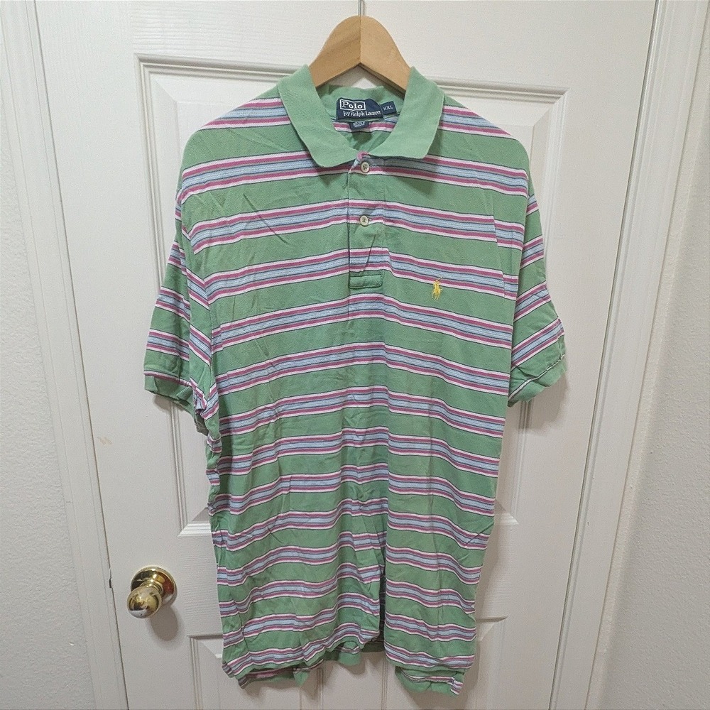 VTG Polo Ralph Lauren Shirt XXL Preppy Striped Golf Rugby Cotton Green Pink